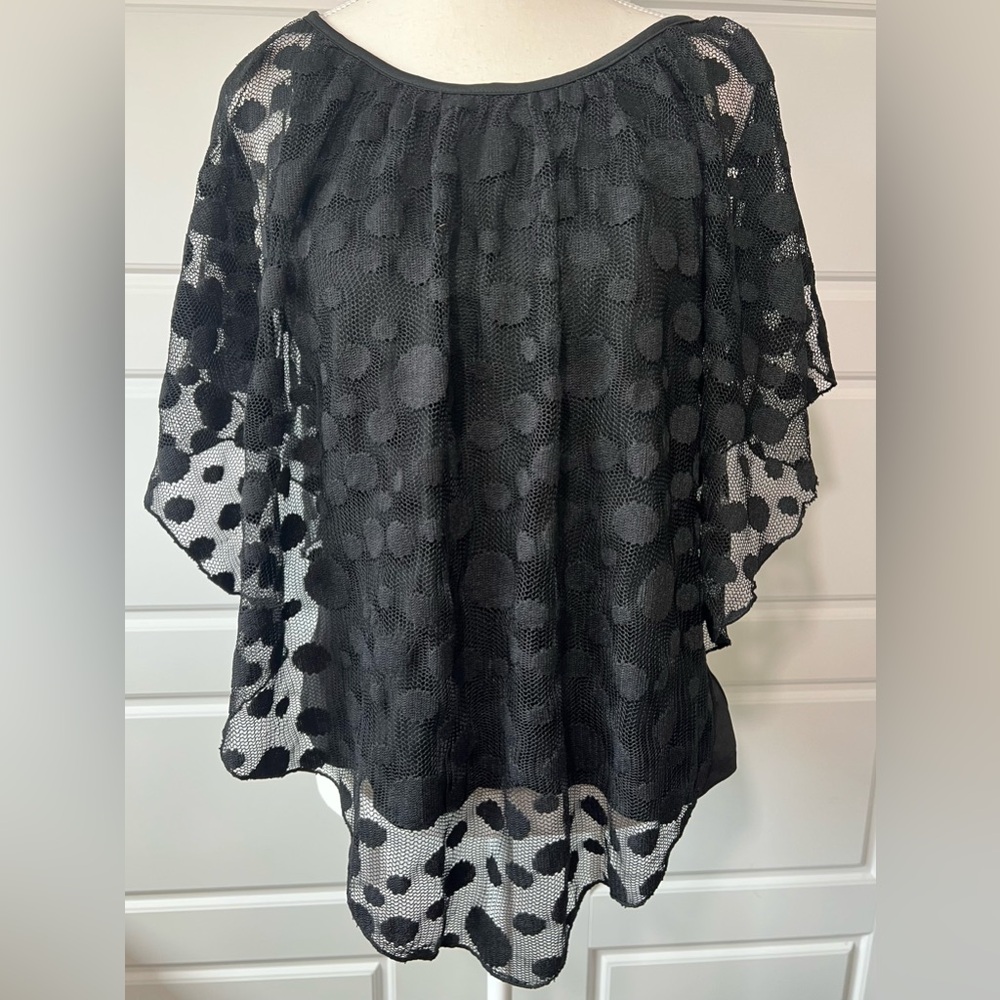 Kate & Henry Black Polka Dot Lace Overlay Top Flowy Party Blouse Large‎